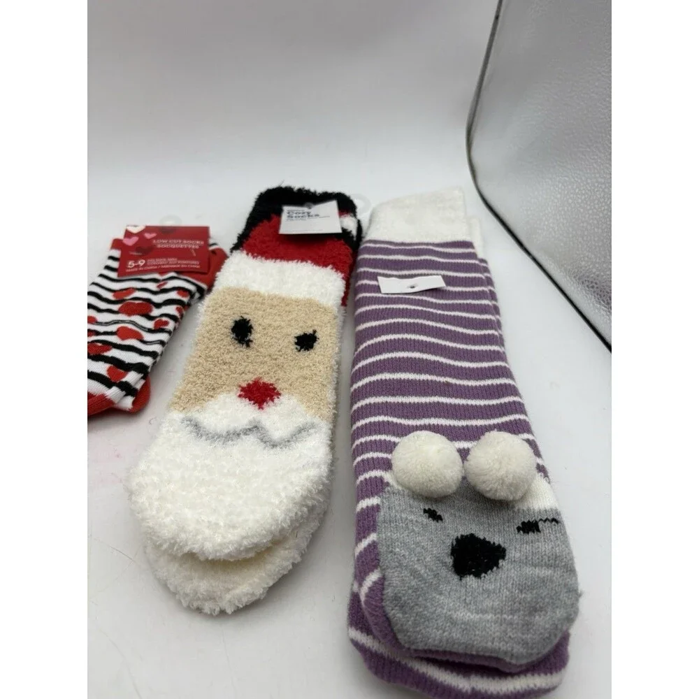 Women’s Cozy Socks Lot 3 Pairs Santa Mouse Hearts Knee High Low Cut New
